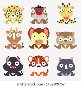 Set of cute logos with animals. Leopard, hyena, giraffe, antelope, monkey, mongoose, boar, tiger and Rhino isolated on white background.