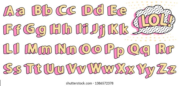 Set of cute LOL alphabet. Yellow letters with pink shadow for little princess. Vector retro vintage typography . Font collection title or headline modern kids t-shirt design. Girlish sweet style