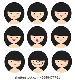 Set of cute long hair girl icons