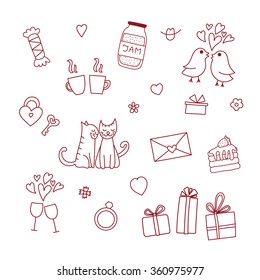 Set of cute love doodle icon set isolated, red on white, hand drawn vector illustration to Valentine`s Day