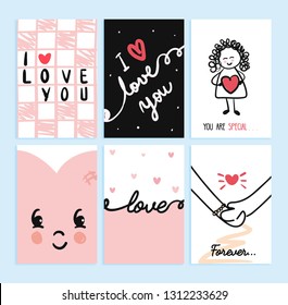 Set of cute love hand drawn greeting cards with lettering calligraphy text and doodles, beautiful illustrations of love, poster, banner, wedding design templates - Vector