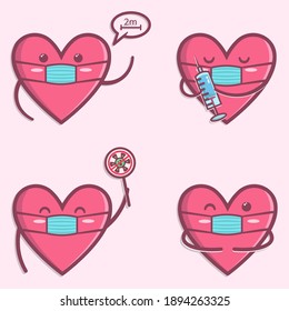 set of cute love mascot wearing a health mask, bundle of items, cute design