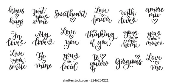 Set of cute love and romance calligraphy phrases. Texts for t-shirt prints, stories, cards