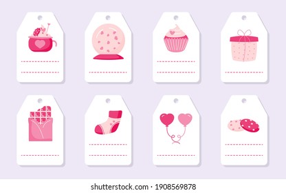 Set of cute love romantic gift tags with pink hearts, cupcake balloon and chocolate. Valentines Day cards and labels with place for text. Background templates for greeting stickers Vector illustration