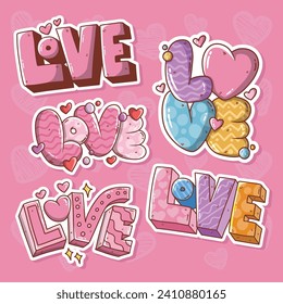 Conjunto de ilustraciones vectoriales de dibujos animados de texto de Cute Love. Ilustración vectorial de San Valentín. Ilustración vectorial dibujada por mano