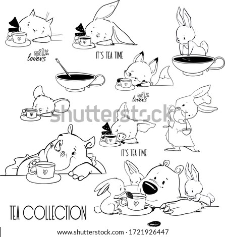 set with cute lovely animals drinking tea