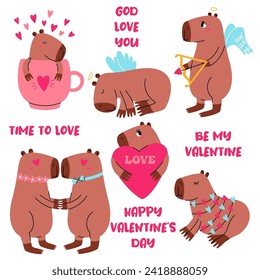 Set cute lovely capybaras. Animal for Valentine's day.