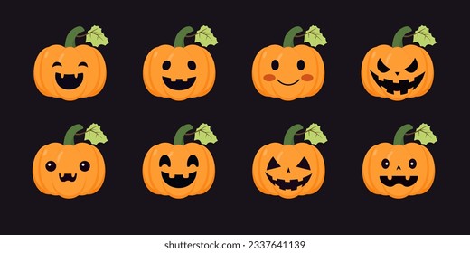 Set of cute, lovely cartoon pumpkin lantern with Anthropomorphic face for Halloween celebration.