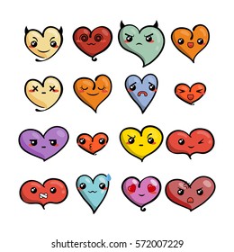 Set of cute lovely emoticons. Doodle kawaii face, sweet and childlike manga cartoon style. Vector valentines collection