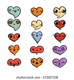 Set of cute lovely emoticons. Doodle kawaii face, sweet and childlike manga cartoon style. Vector valentines collection