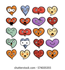 Set of cute lovely emoticons. Doodle kawaii face, sweet and childlike manga cartoon style. Vector valentines collection