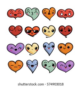 Set of cute lovely emoticons. Doodle kawaii face, sweet and childlike manga cartoon style. Vector valentines collection