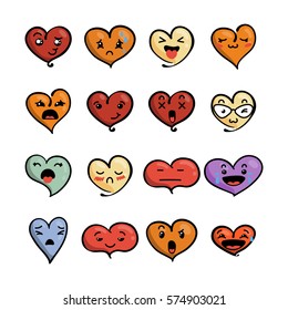 Set of cute lovely emoticons. Doodle kawaii face, sweet and childlike manga cartoon style. Vector valentines collection
