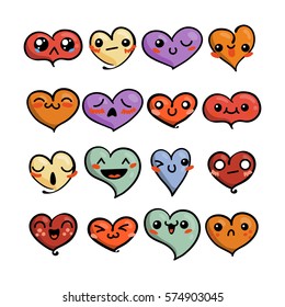 Set of cute lovely emoticons. Doodle kawaii face, sweet and childlike manga cartoon style. Vector valentines collection