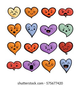 Set of cute lovely emoticons. Doodle kawaii face, sweet and childlike manga cartoon style. Vector valentines collection