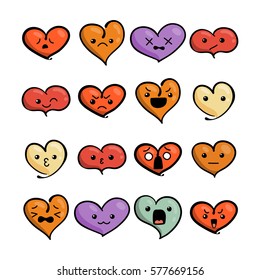 Set of cute lovely emoticons. Doodle kawaii face, sweet and childlike manga cartoon style. Vector valentines collection