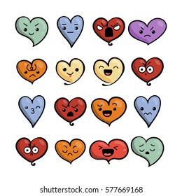Set of cute lovely emoticons. Doodle kawaii face, sweet and childlike manga cartoon style. Vector valentines collection