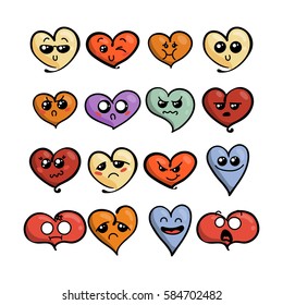 Set of cute lovely emoticons. Doodle kawaii face, sweet and childlike manga cartoon style. Vector valentines collection