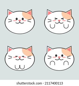 Set cute lovely face white cat cartoon character flat vector icon.