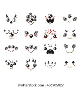 Set of cute lovely kawaii alien emoticon. Doodle cartoon face in childlike manga cartoon style.