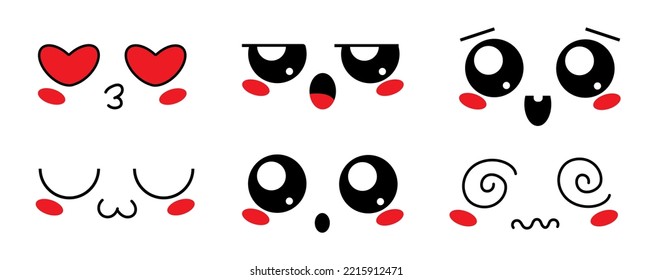 Set of cute lovely kawaii emoticon. Doodle cartoon face in childlike manga cartoon style.
