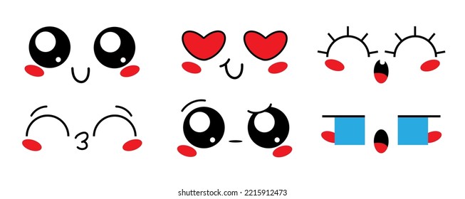 Set of cute lovely kawaii emoticon. Doodle cartoon face in childlike manga cartoon style.