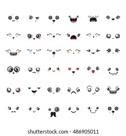 Set of cute lovely kawaii emoticon. Doodle cartoon face in childlike manga cartoon style.