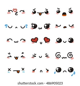 Set of cute lovely kawaii emoticon. Doodle cartoon face in childlike manga cartoon style.