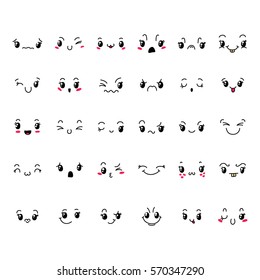 Set of cute lovely kawaii emoticon. Doodle cartoon face in childlike manga cartoon style.