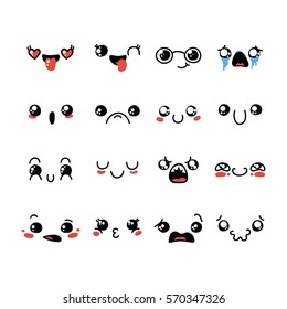 Set of cute lovely kawaii emoticon. Doodle cartoon face in childlike manga cartoon style.