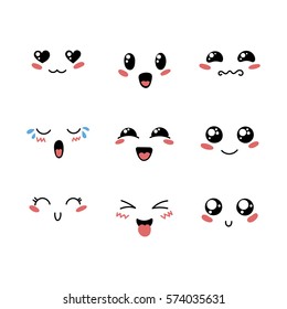 Set of cute lovely kawaii emoticon. Doodle cartoon face in childlike manga cartoon style.