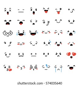 Set of cute lovely kawaii emoticon. Doodle cartoon face in childlike manga cartoon style.