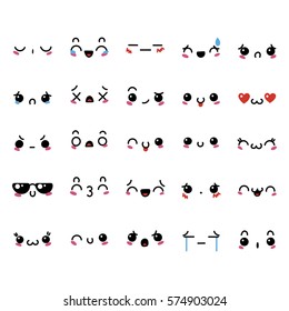 Set of cute lovely kawaii emoticon. Doodle cartoon face in childlike manga cartoon style.