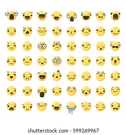 Set of cute lovely kawaii emoticon. Doodle cartoon face in childlike manga cartoon style. Flat vector icons.