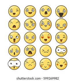 Set of cute lovely kawaii emoticon. Doodle cartoon face in childlike manga cartoon style. Flat vector icons.