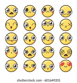 Set of cute lovely kawaii emoticon. Doodle cartoon face in childlike manga cartoon style. Flat vector icons.
