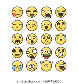 Set of cute lovely kawaii emoticon. Doodle cartoon face in childlike manga cartoon style. Flat vector icons.