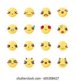 Set of cute lovely kawaii emoticon. Doodle cartoon face in childlike manga cartoon style. Flat vector icons.