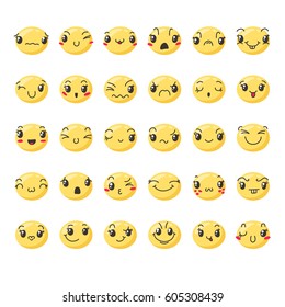 Set of cute lovely kawaii emoticon. Doodle cartoon face in childlike manga cartoon style. Flat vector icons.