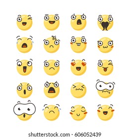 Set of cute lovely kawaii emoticon. Doodle cartoon face in childlike manga cartoon style. Flat vector icons.