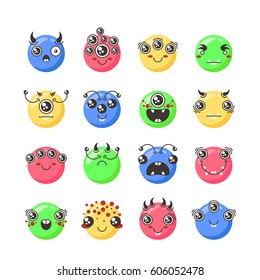 Set of cute lovely kawaii emoticon. Doodle cartoon face in childlike manga cartoon style. Flat vector icons.