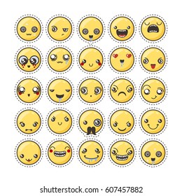 Set of cute lovely kawaii emoticon. Doodle cartoon face in childlike manga cartoon style. Flat vector icons. Sticker collection.