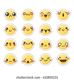 Set of cute lovely kawaii emoticon. Doodle cartoon face in childlike manga cartoon style. Flat vector icons. Sticker collection.