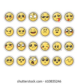 Set of cute lovely kawaii emoticon. Doodle cartoon face in childlike manga cartoon style. Flat vector icons. Sticker collection.