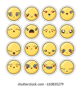 Set of cute lovely kawaii emoticon. Doodle cartoon face in childlike manga cartoon style. Flat vector icons. Sticker collection.