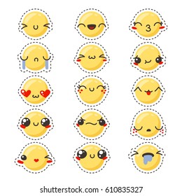Set of cute lovely kawaii emoticon. Doodle cartoon face in childlike manga cartoon style. Flat vector icons. Sticker collection.