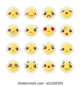 Set of cute lovely kawaii emoticon. Doodle cartoon face in childlike manga cartoon style. Flat vector icons. Sticker collection.