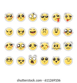 Set of cute lovely kawaii emoticon. Doodle cartoon face in childlike manga cartoon style. Flat vector icons. Sticker collection.