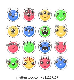 Set of cute lovely kawaii emoticon. Doodle cartoon face in childlike manga cartoon style. Flat vector icons. Sticker collection.