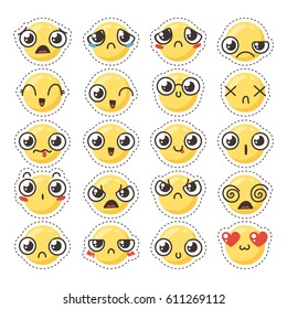 Set of cute lovely kawaii emoticon. Doodle cartoon face in childlike manga cartoon style. Flat vector icons. Sticker collection.